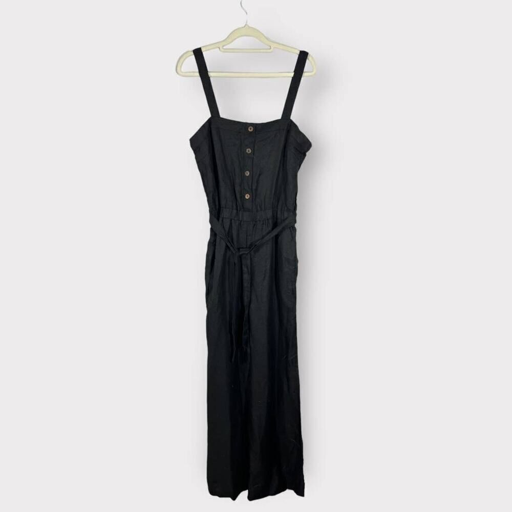 Chaser Jumpsuit Women's Small Black Linen Square Neck Button Front Wide Leg NWT
